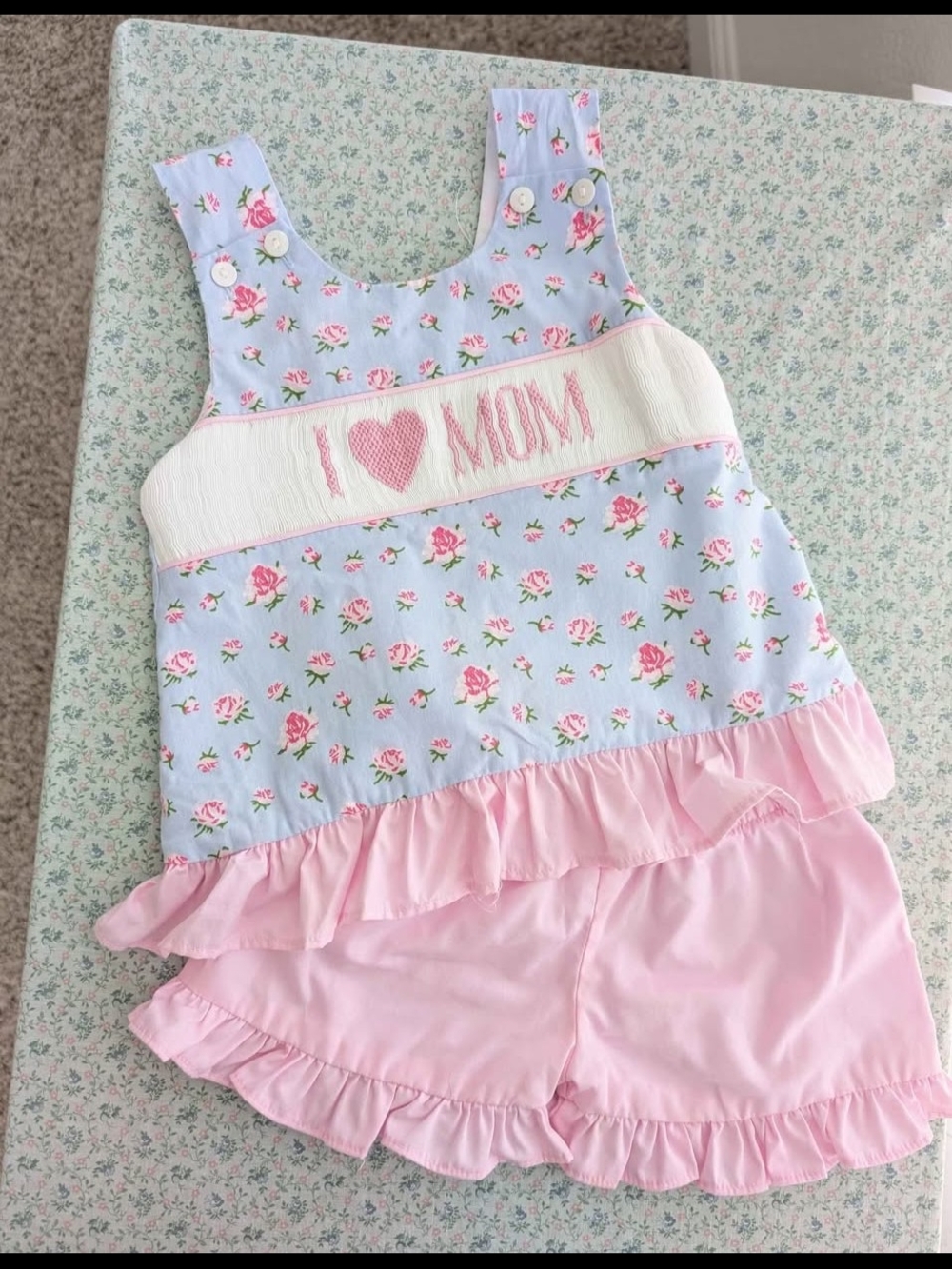 18 Mos Smocked I Love Mom Crossback Floral Short Set